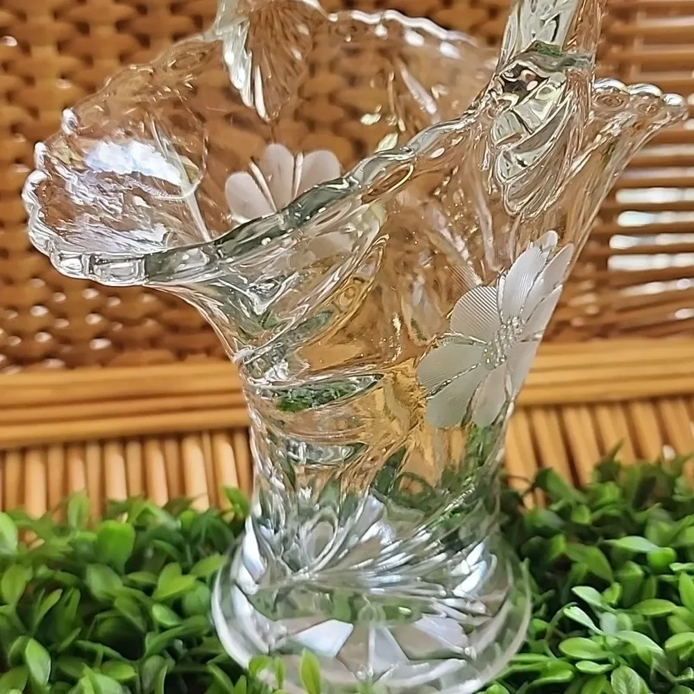 Vintage Etched Glass Floral Bride's Basket With Handle Coquette Bridal